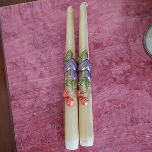 Set of 2 Taper Decorated Candles 9.5" - Cherries and Purple Berries